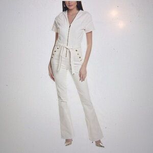 Ramy Brook Cream Boot-Cut Jumpsuit with Gold Hardware